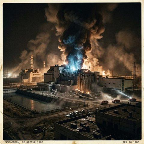 Nighttime explosion and fire at Chernobyl nuclear power plant with firefighters and smoke