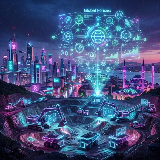 Futuristic mining site with excavators and dump trucks displaying holographic data and global policy charts