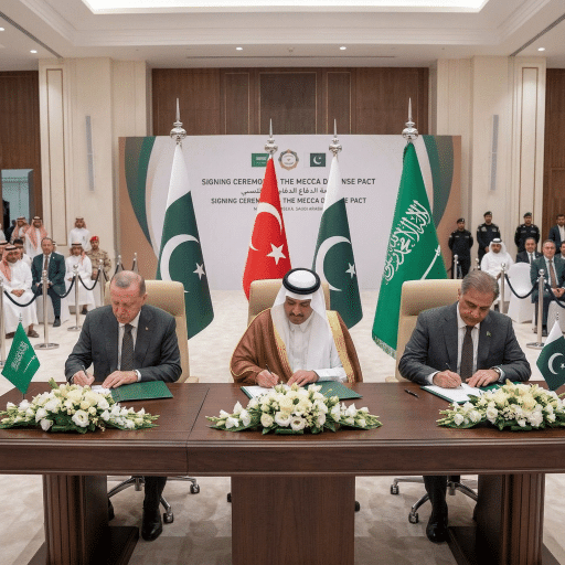 Officials sign the Mecca Defense Pact before Saudi, Turkish, and Pakistani flags